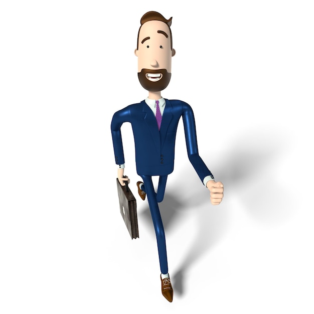 Hipster cartoon character businessman runs with a briefcase 3D illustration