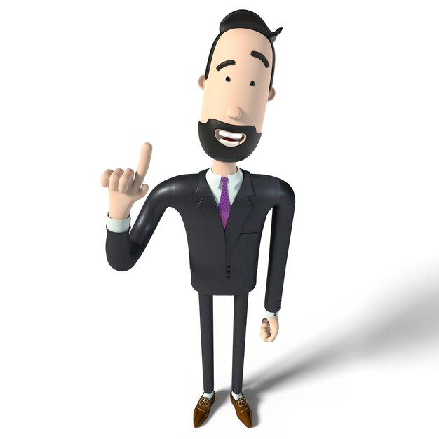 Hipster cartoon character businessman with raised hand idea concept 3D illustration