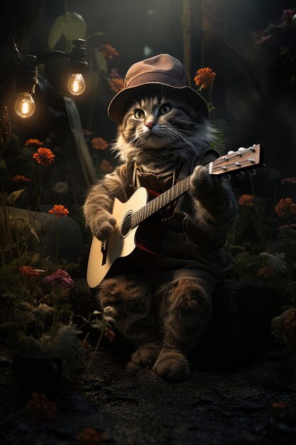 Photo a hipster cat strums a banjo while sitting on a mushroom