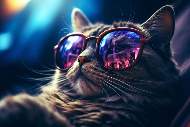 Hipster cat with glasses in dark background fashion art design modern creative design look vision beautiful kitten generative ai