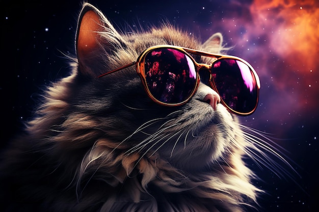 Фото Хипстерский кот в очках на темном фоне модный арт-дизайн современный креативный дизайн смотри видение красивый котенок генеративный искусственный интеллект