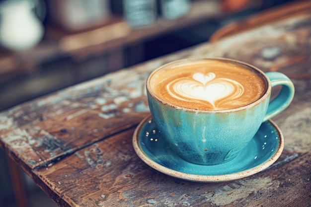 Hipster coffee shop with turquoise mug and heart latte art