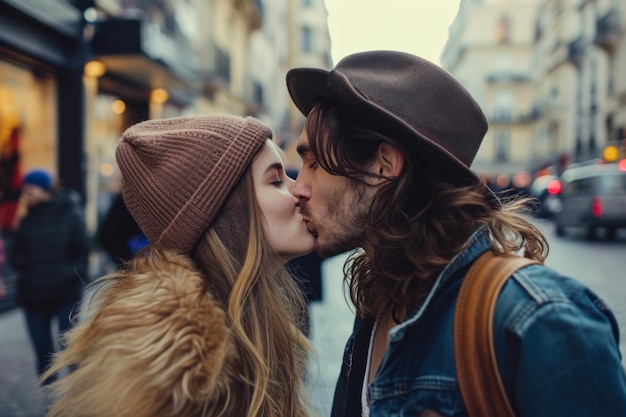 Photo hipster couple kissing on urban street