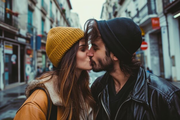 Foto una coppia di hipster che si baciano in strada.