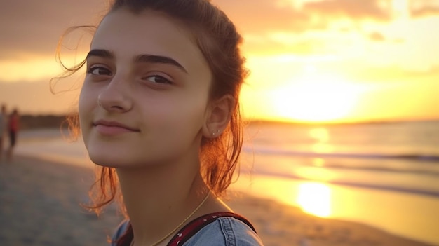 Foto adolescente femminile hipster che si diverte sulla spiaggia all'alba ia generativa