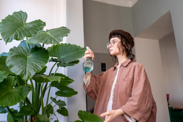 사진 히프스터 소녀가 알로카시아 매크로리자 (alocasia macrorrhiza) 가방 식물에 인세스 방지제를 스프레이하고 있습니다.