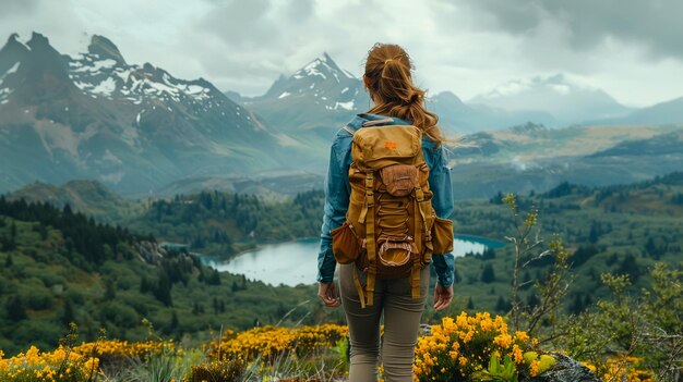 Photo hipster girl standing in the lauterbrunnen valley in the jungfrauregionswitzerland alps mountains everywhere