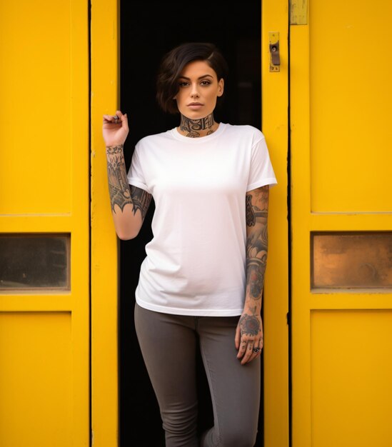 Hipster girl wearing blank white tshirt and jeans with tattoos posing against yellow street door