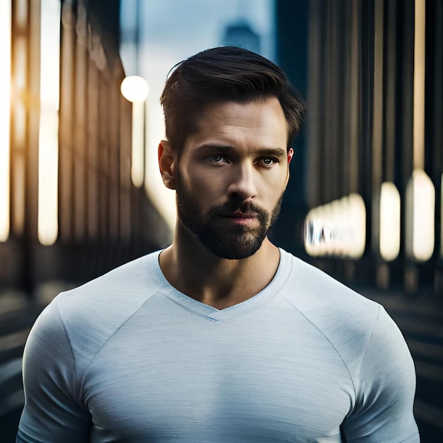 Hipster handsome male model with beard wearing black blank tshirt with space for your logo or desig