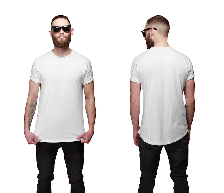 Photo hipster handsome male model with beard wearing white blank tshirt with space for your logo or design front and back view isolated on white background