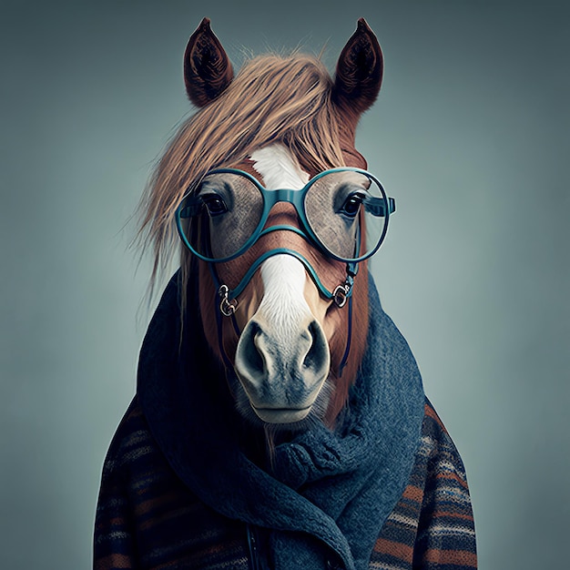 Hipster horse wearing clothes and glasses Rabbit portrait Generative ai