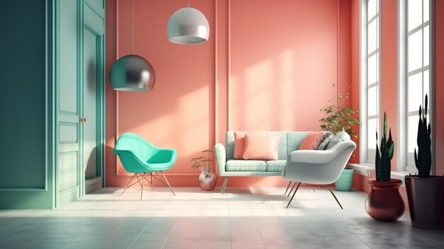 Hipster interieur achtergrond Scandinavische stijl 3D render Heldere kleur Generatieve Ai