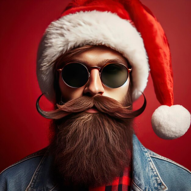 Foto hipster kerstman baard snor en xmas hoed op rode achtergrond ai generatief