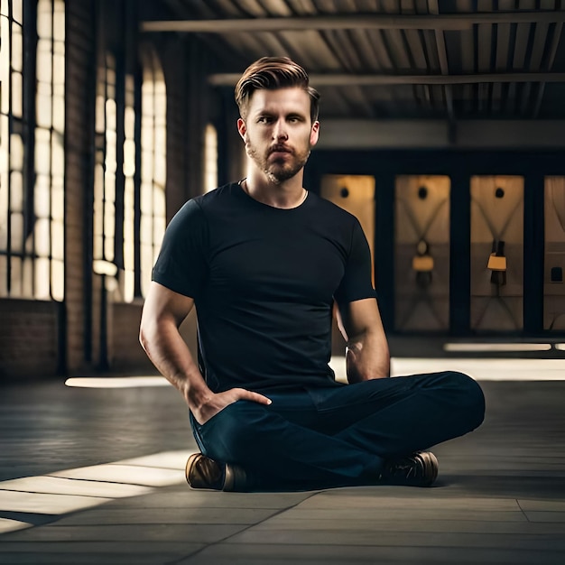 Hipster knap mannelijk model met baard, gekleed in een zwart blanco t-shirt met ruimte voor uw logo of ontwerp