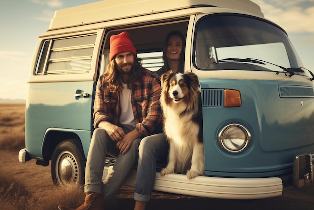 Hipster koppel reist met hun hond in retro mini van avonturen activiteit