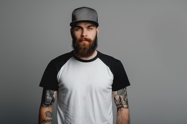Мужская модель-хипстер в пустой футболке и шапке для логотипа