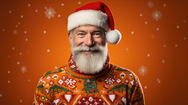 A hipster man dressed in a festive christmas sweater and santa hat with a thick white beard smiling against a solid orange background