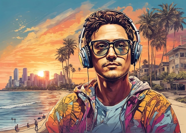 Hipster man listening to music with headphones on the beach at sunset