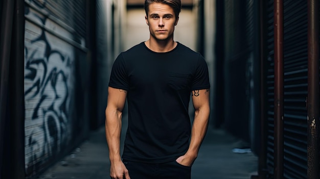 a hipster man model in a black tshirt standing against a city backdrop ample space on the tshirt for your custom logo or design
