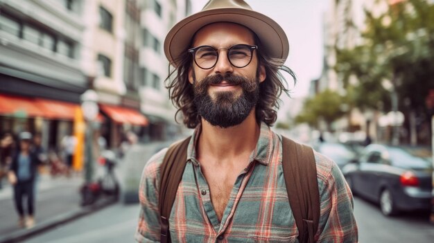 Foto uomo hipster all'aperto ritratto della città che cammina in città