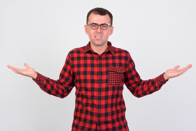 hipster man wearing eyeglasses on white