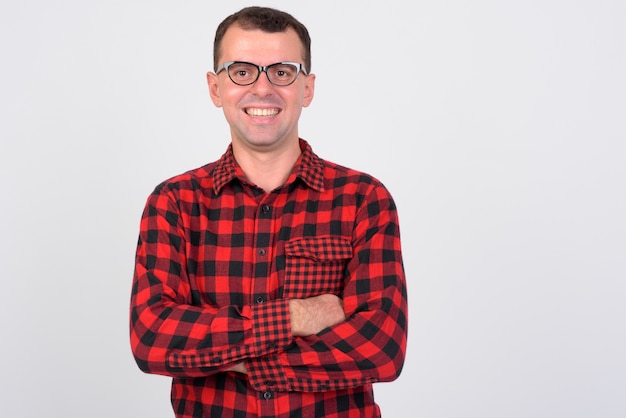 hipster man wearing eyeglasses on white