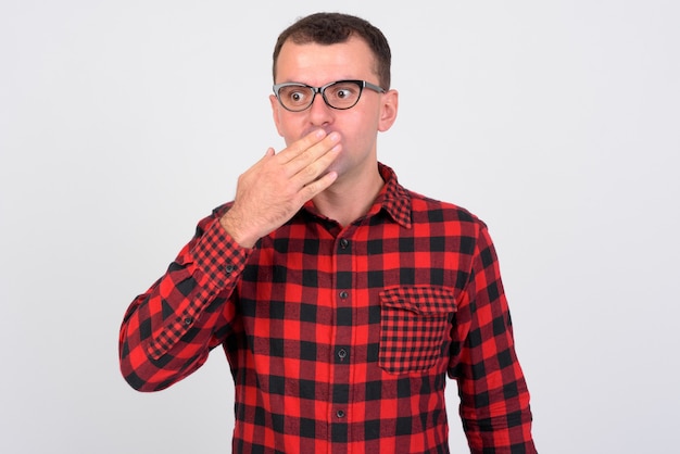 hipster man wearing eyeglasses on white