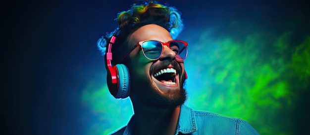 Hipster man wearing headphones dancing and singing with an open mouth smile in a portrait with a blue background and mixed neon light showcasing his fashi