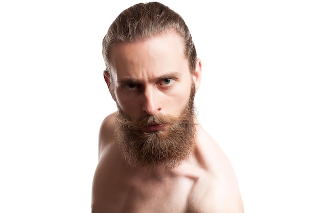 Hipster man on white background in studio photo