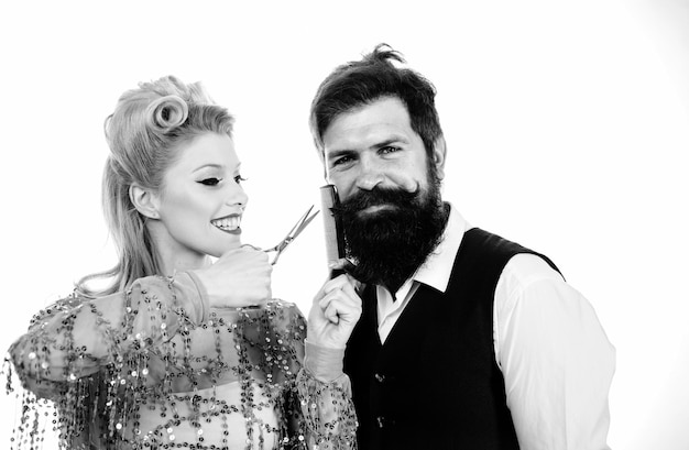 Hipster man with beard and barber woman pretty glamour blonde girl style mans beard man style and