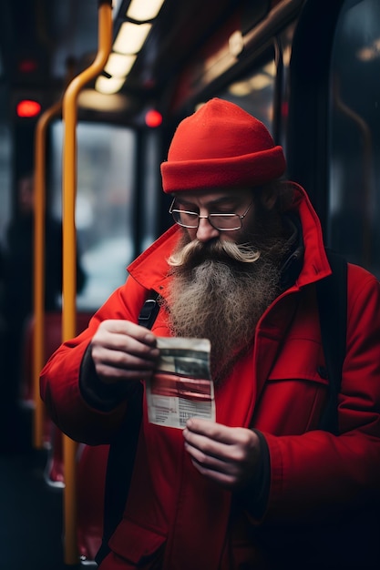 hipster man with beard checking his ticket inside the bus