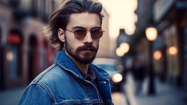 A hipster man with a beard in a jeans jacket in the big city Generated AI