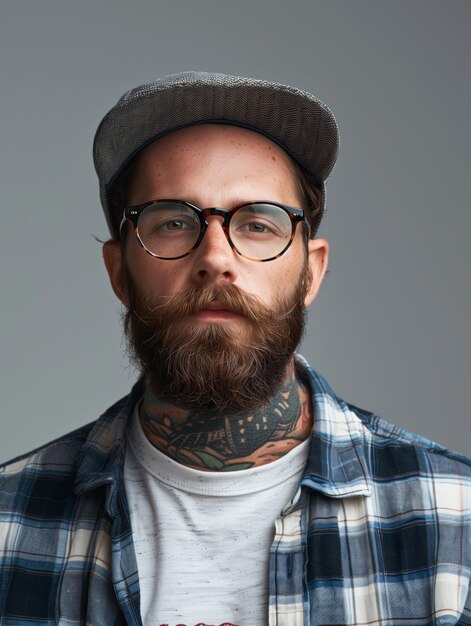 Uomo hipster con occhiali e berretto in barbiere acconciature maschili