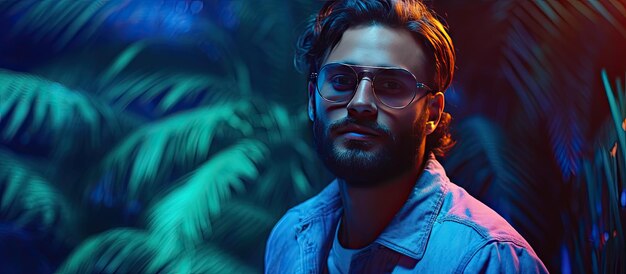 Hipster man with glasses posing in front of blue background and neon lights showcasing fashion and stylish trends