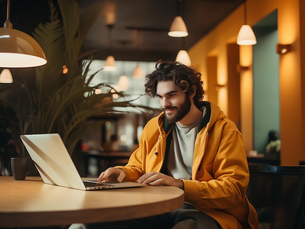 Хипстер-миллениал, использующий ноутбук в кафе или ресторане, работающий онлайн