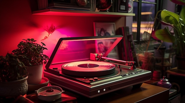 Photo in a hipster neighborhood a neon record player spins