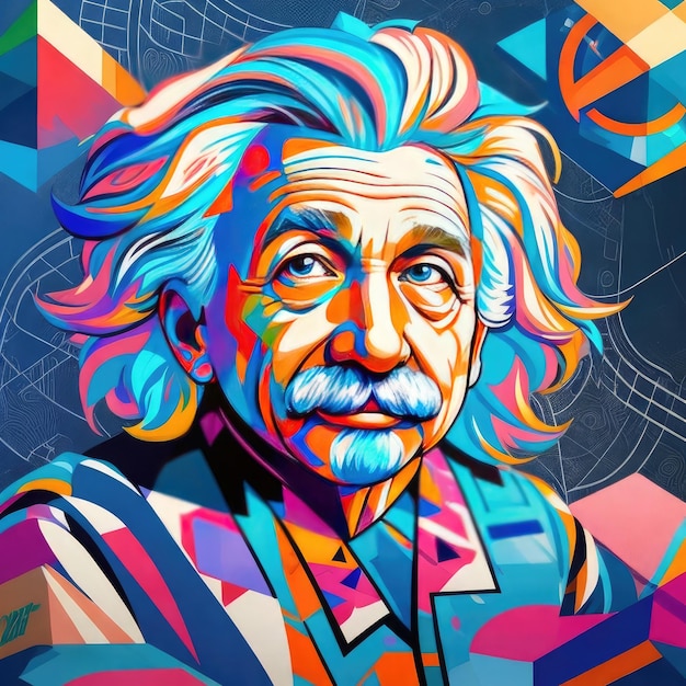 Hipster painting of albert einstein with mustache and colorful background