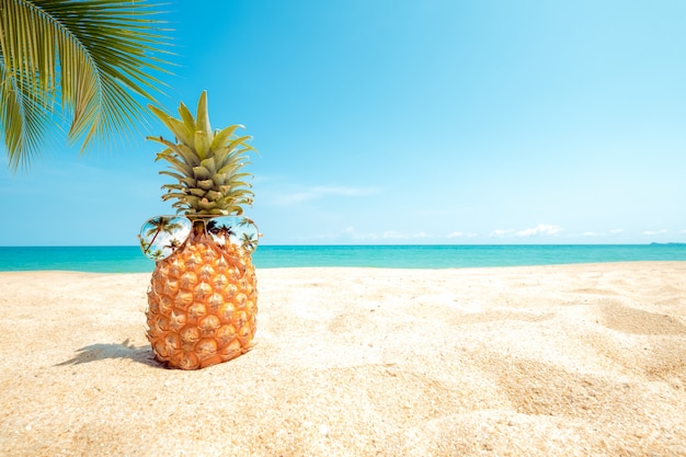 Hipster pineapple with sunglasses on a sandy beach