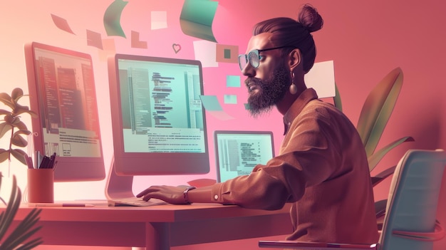 Foto hipster programmeur die intensief werkt in een moderne werkruimte