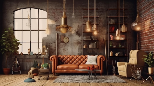 Hipster stijl interieur achtergrond 3D rendering Generatieve AI