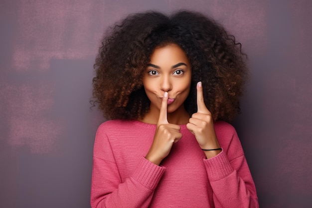 Хипстер подросток поколения Z черная американская девушка показывает шш знак пальца жест просит сохранить секрет