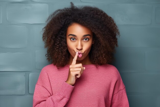 스터 십대 Gen Z 흑인 미국 소녀는 비밀을 유지하도록 요청하는 손가락 제스처를 보여줍니다.