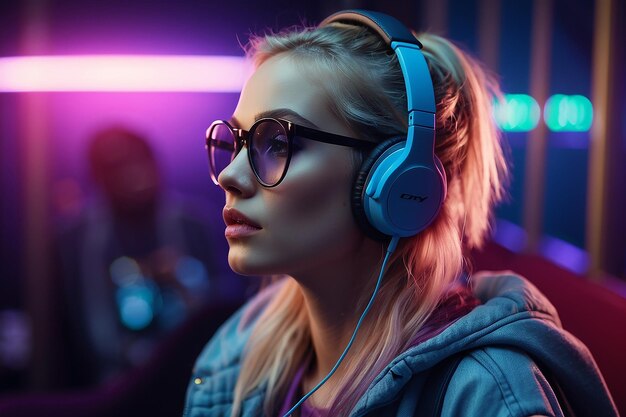 Hipster teen model in stylish glasses immersed in the beat standing against purple studio backdrop