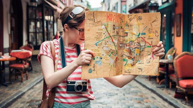 Foto hipster toerist die naar de kaart kijkt