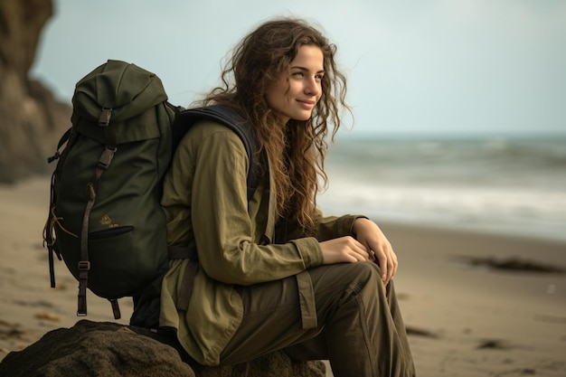 Hipster traveler backpacker female sitting on the beach