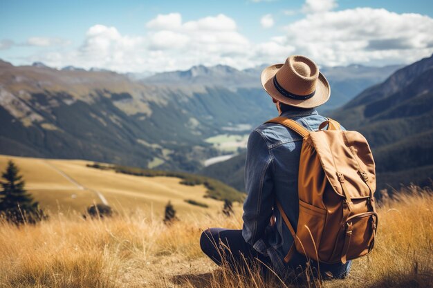 Фото Хипстер-путешественник с рюкзаком сидит на вершине горы и смотрит на долину