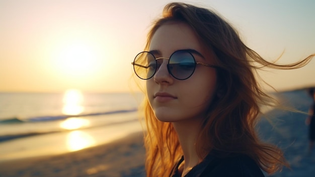 Hipster vrouwelijke adolescent die zich vermaakt op het strand bij zonsopgang Generatieve AI