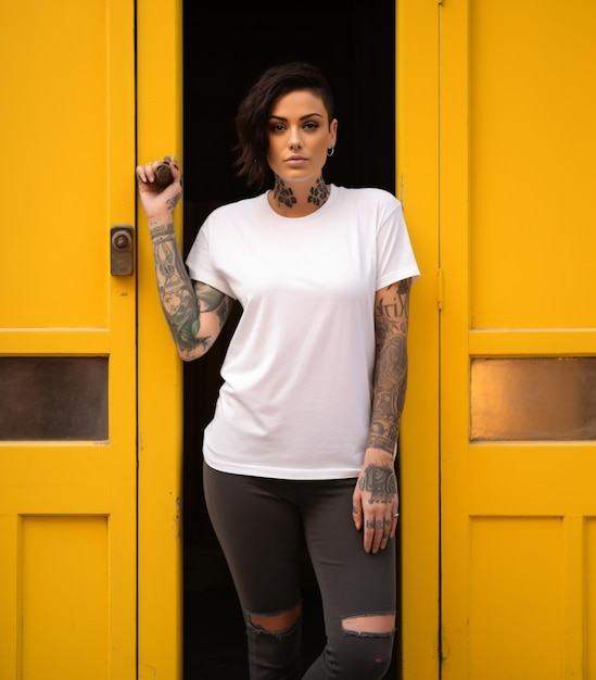 Foto donna hipster con tatuaggi che indossa una maglietta casual bianca vista frontale un modello di maglietta mockup vuoto