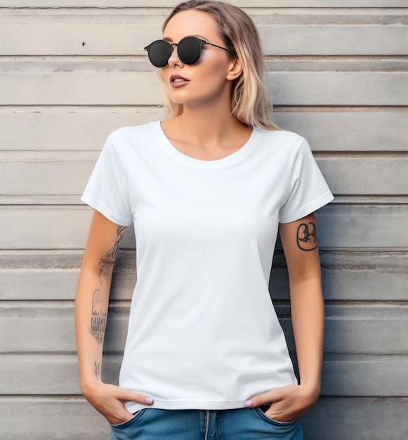 Hipster woman with tattoos wearing white casual tshirt front view a blank mockup teeshirt template