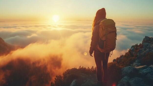 Hipster young girl with backpack enjoying sunset on peak of foggy mountain Tourist traveler on background view mockup Hiker looking sunlight